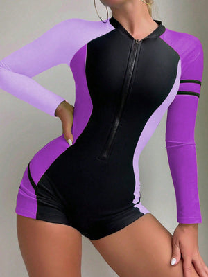Traje De Baño Deportivo Morado Y Negro Con Manga Larga Y Cremallera