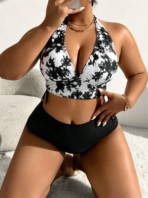 Bikini Tie-Dye Blanco Y Negro Con Top Halter Y Talle Alto