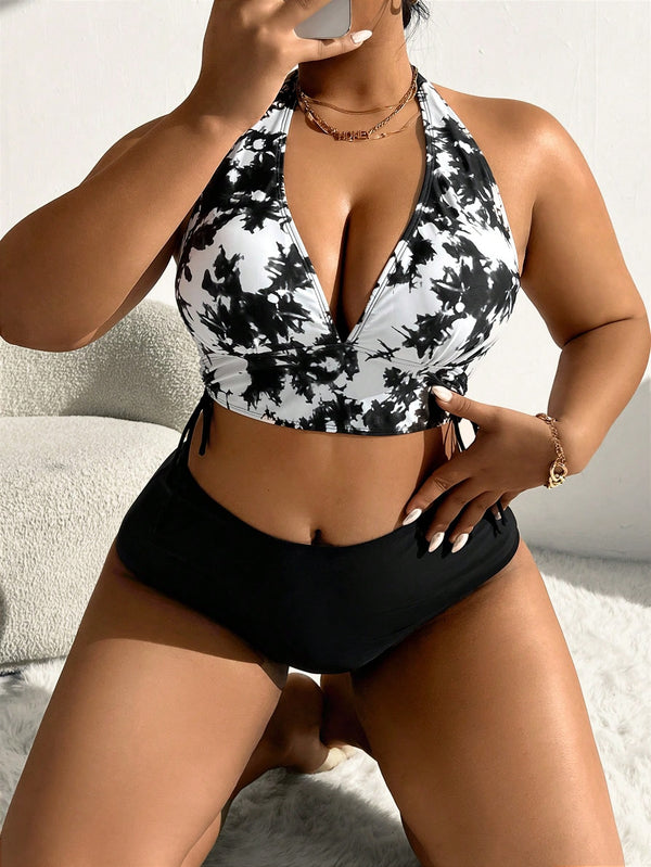 Bikini Tie-Dye Blanco Y Negro Con Top Halter Y Talle Alto