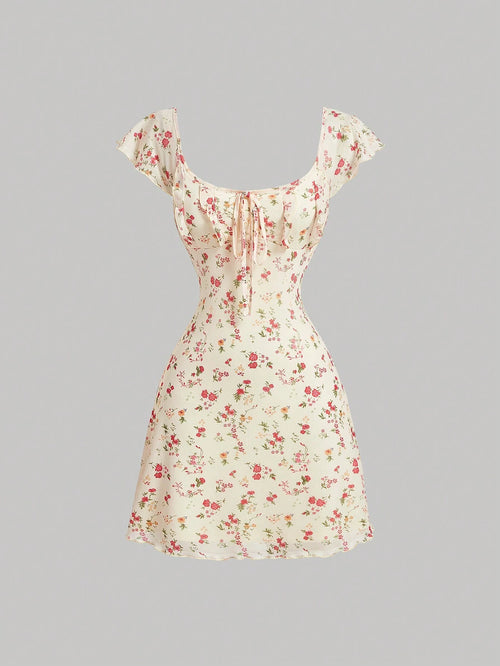 Vestido floral scoop a línea color albaricoque DAKARI
