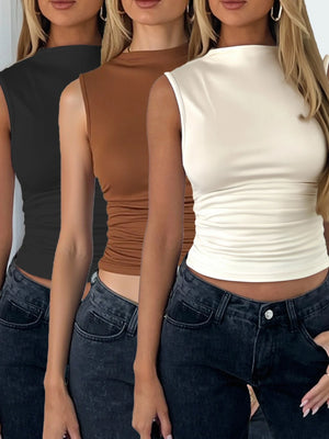 Set de 3 Tops sin Mangas con Cuello Alzado Fruncido