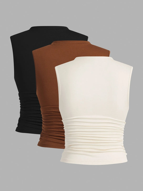 Set de 3 Tops sin Mangas con Cuello Alzado Fruncido