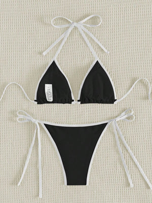 Bikini Triangular Halter Blanco y Negro con Ribete Contrastante