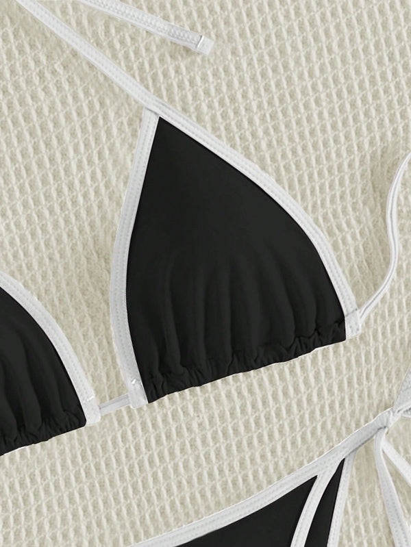Bikini Triangular Halter Blanco y Negro con Ribete Contrastante