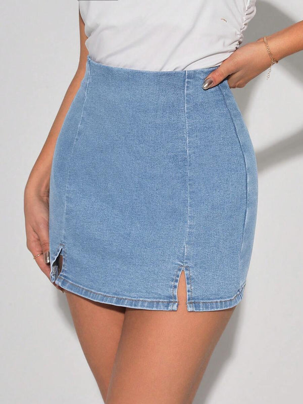 SHEIN Tall Falda pantalón de mezclilla casual y de uso diario con abertura lateral, para verano
