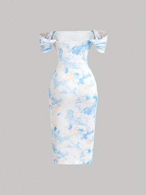 Vestido azul elegante midi con hombros descubiertos vista trasera