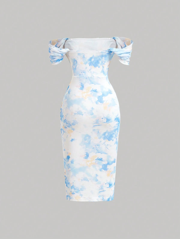 Vestido azul elegante midi con hombros descubiertos vista trasera