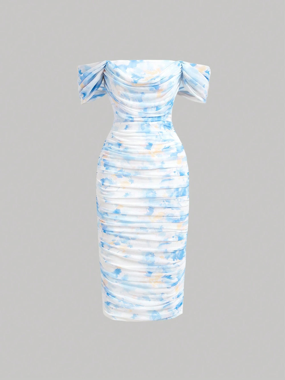 Vestido azul elegante midi con hombros descubiertos vista frontal