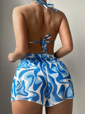 Conjunto De Bikini Azul Estampado Con Short Y Sujetador Triángulo