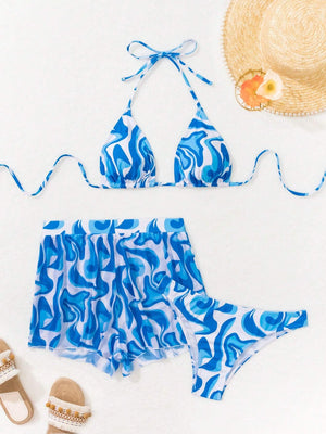 Conjunto De Bikini Azul Estampado Con Short Y Sujetador Triángulo