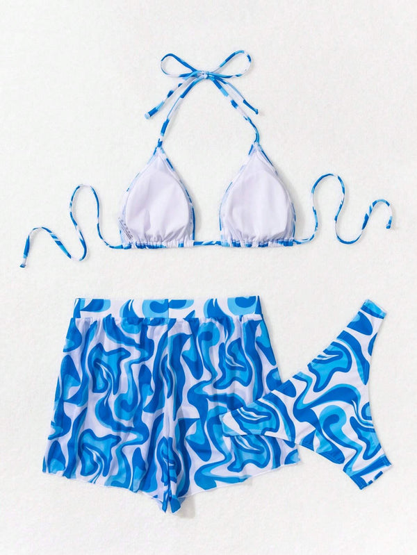 Conjunto De Bikini Azul Estampado Con Short Y Sujetador Triángulo