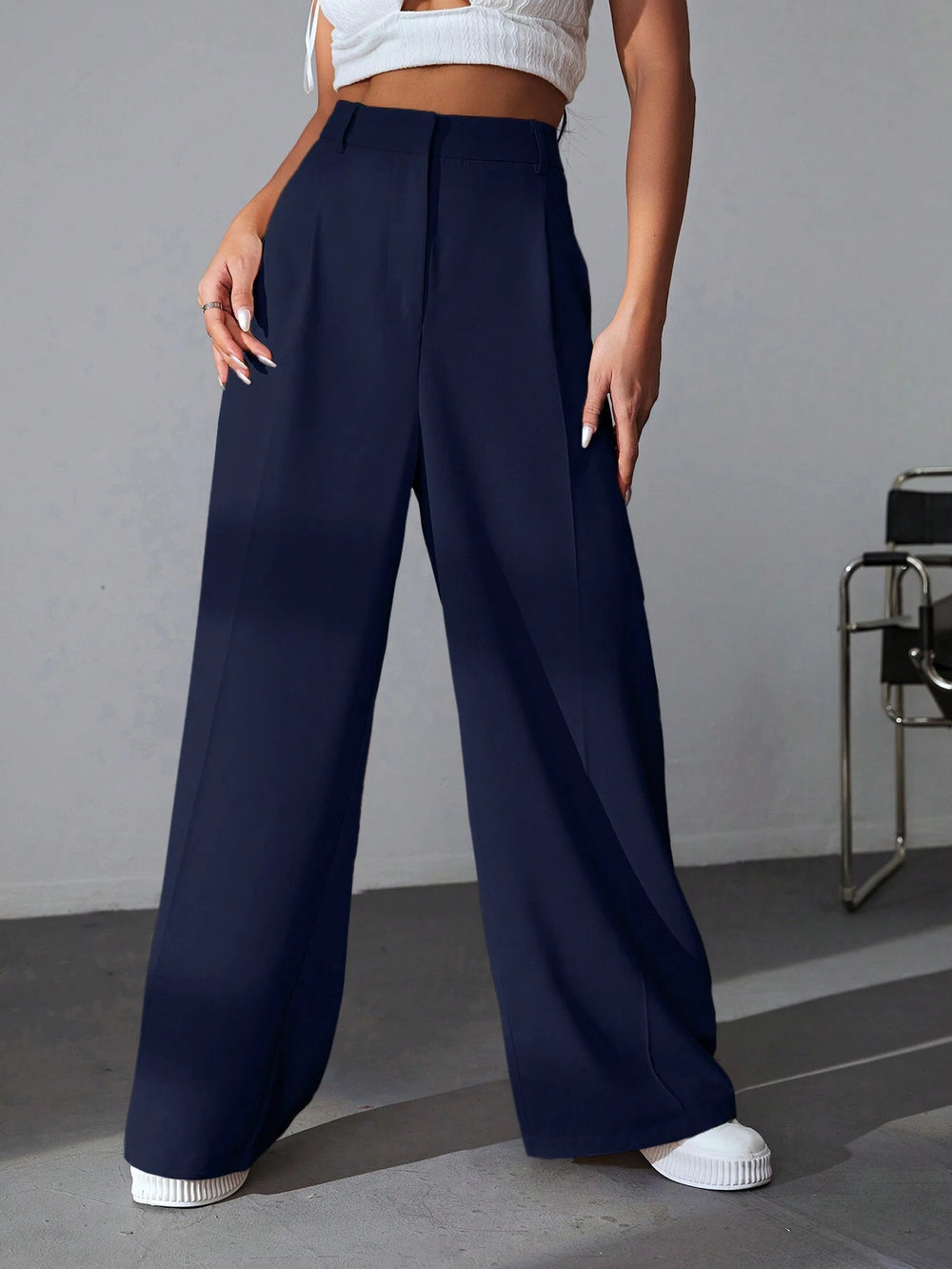 Pantalón De Pierna Ancha Azul Marino Talle Alto