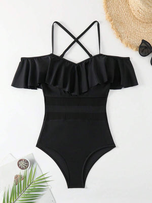 Traje de Baño Negro Con Volantes y Malla Transparente