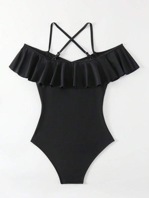 Traje de Baño Negro Con Volantes y Malla Transparente
