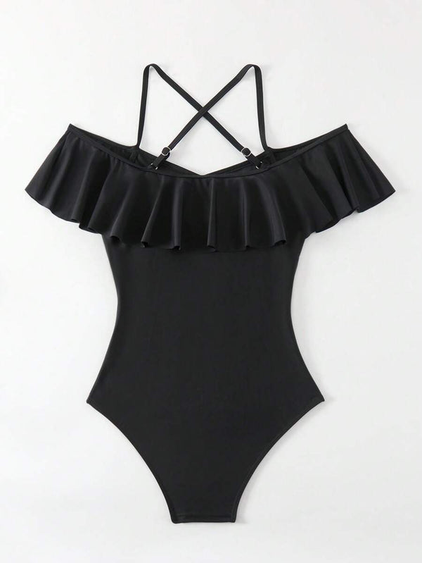 Traje de Baño Negro Con Volantes y Malla Transparente