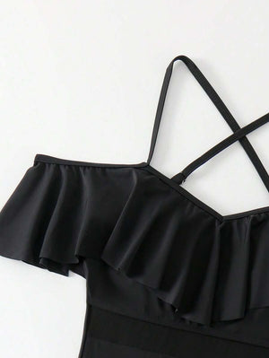 Traje de Baño Negro Con Volantes y Malla Transparente