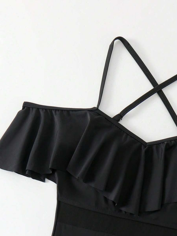 Traje de Baño Negro Con Volantes y Malla Transparente