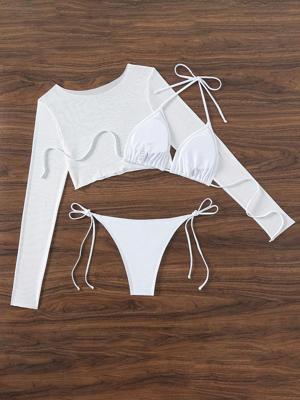 Conjunto De Bikini Blanco Liso Con Blusa De Manga Larga