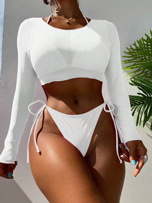 Conjunto De Bikini Blanco Liso Con Blusa De Manga Larga