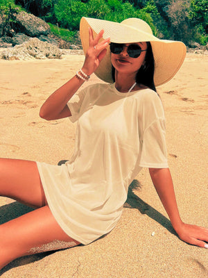 Salida De Playa Transparente Color Albaricoque Con Manga Corta