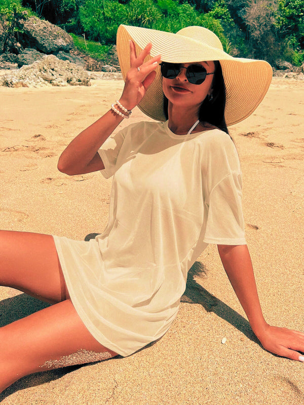 Salida De Playa Transparente Color Albaricoque Con Manga Corta