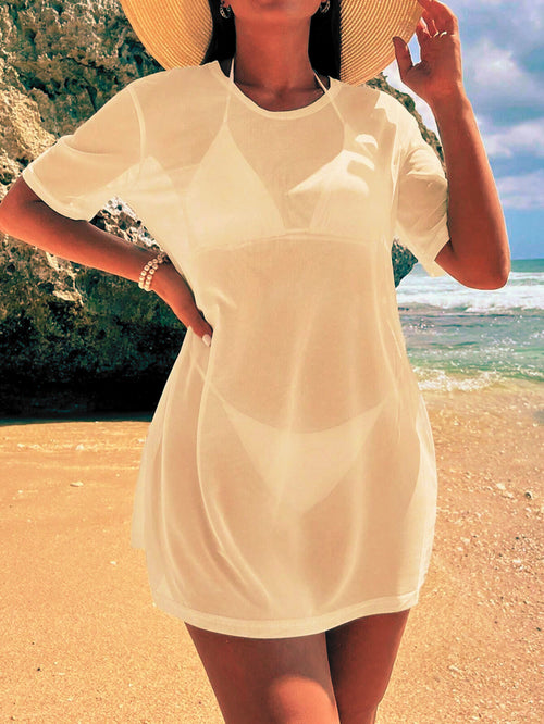 Salida De Playa Transparente Color Albaricoque Con Manga Corta