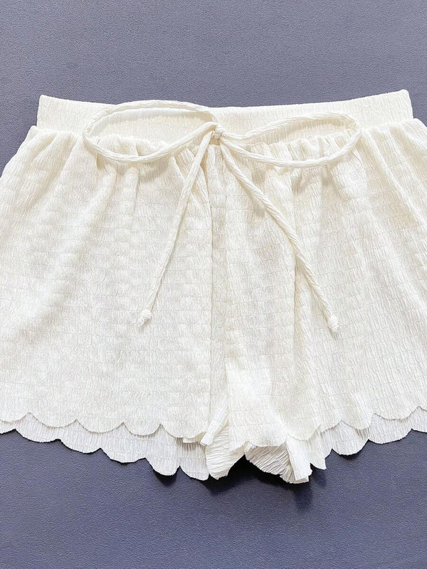 Conjunto De Traje de baño Bohemio Blanco Con Top Halter y Short Festoneado