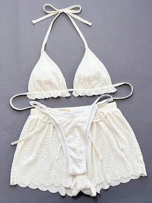 Conjunto De Traje de baño Bohemio Blanco Con Top Halter y Short Festoneado