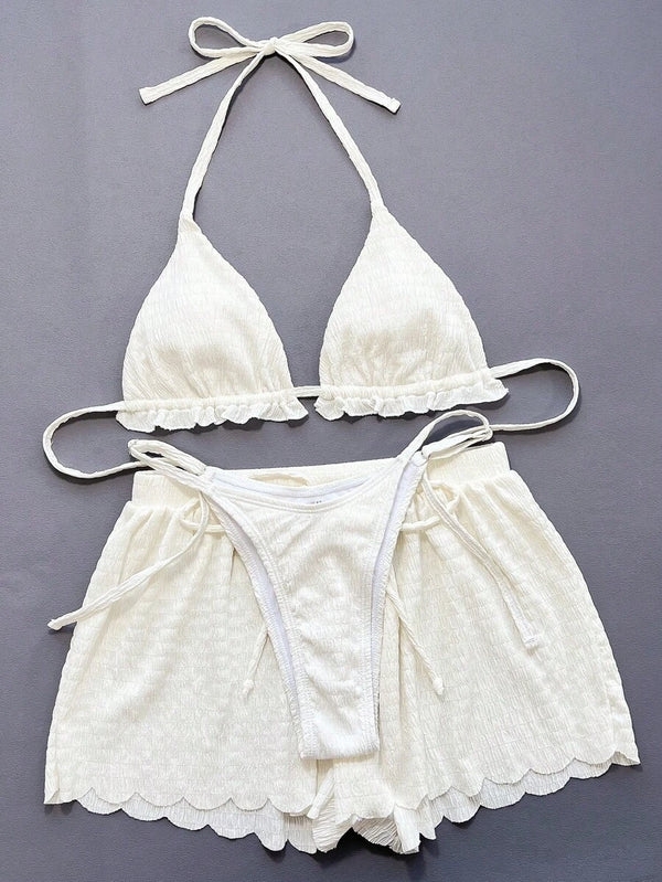 Conjunto De Traje de baño Bohemio Blanco Con Top Halter y Short Festoneado