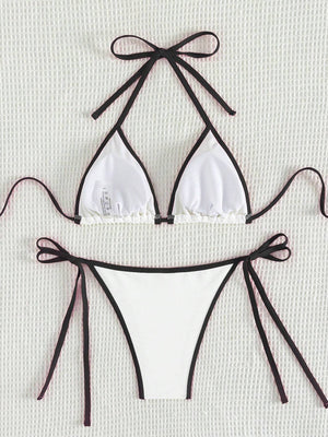 Bikini Blanco Con Ribete Negro Y Lazos Laterales Estilo Sexy