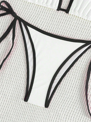 Bikini Blanco Con Ribete Negro Y Lazos Laterales Estilo Sexy