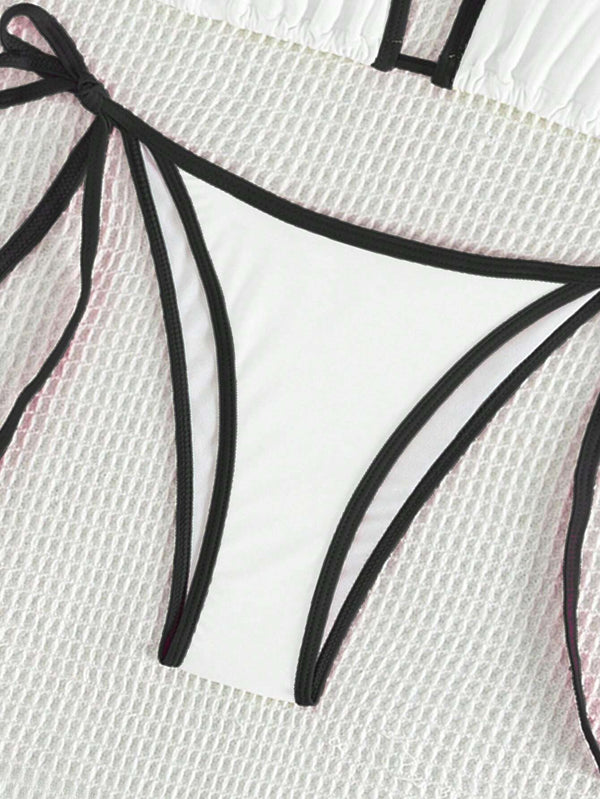 Bikini Blanco Con Ribete Negro Y Lazos Laterales Estilo Sexy