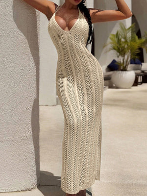 Vestido crochet albaricoque halter modelado exterior