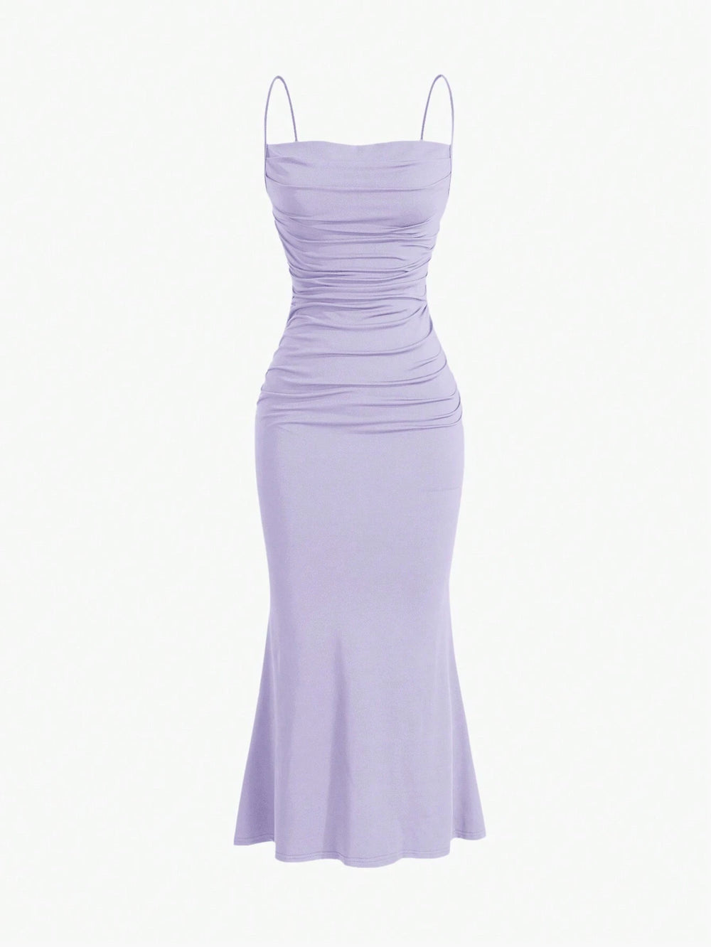 Vestido largo púrpura malva con tirantes finos y detalle fruncido.