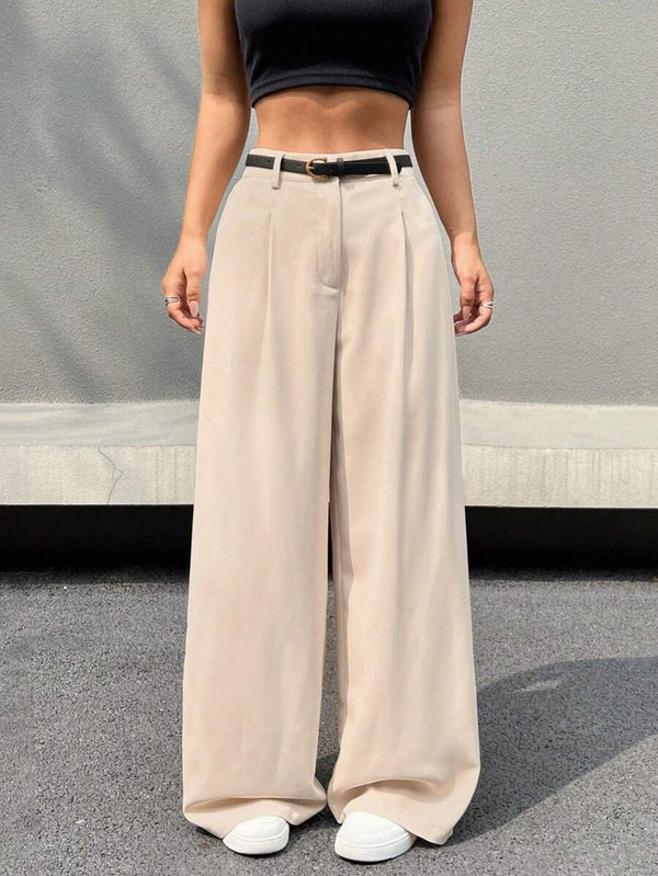 Pantalón Elegante De Pierna Ancha Y Talle Alto Beige