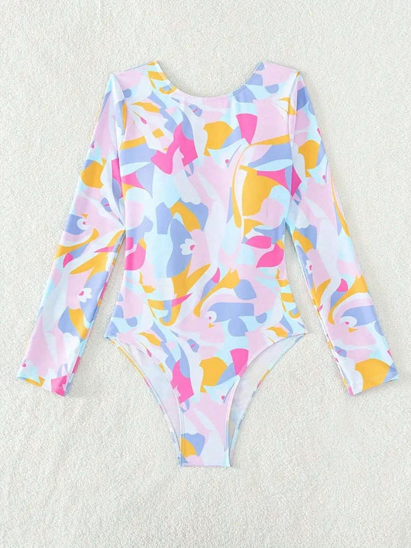 Traje de Baño Multicolor con Manga Larga y Espalda Descubierta