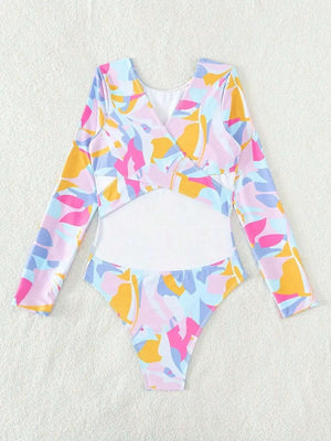 Traje de Baño Multicolor con Manga Larga y Espalda Descubierta