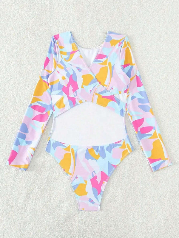 Traje de Baño Multicolor con Manga Larga y Espalda Descubierta