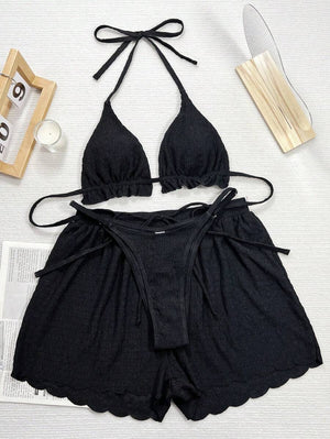 Conjunto De Traje de Baño Negro Texturizado de 3 Piezas