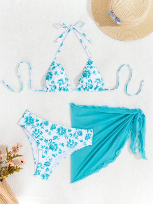 Bikini Halter Floral Verde Menta con Pareo a Juego