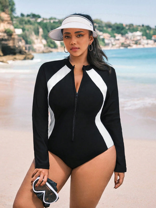Traje de Baño Curvy con Diseño Deportivo y Manga Larga