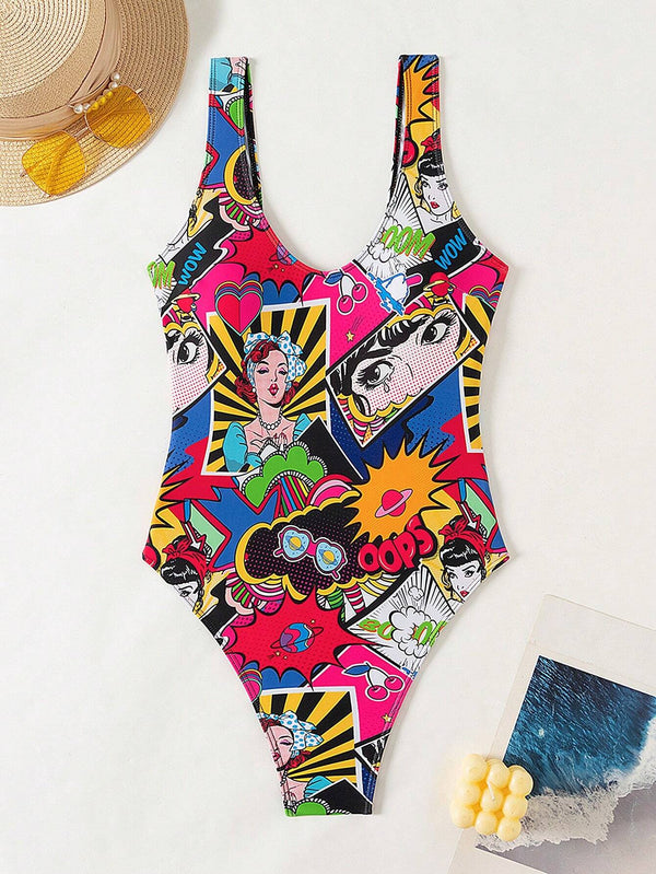 Traje De Baño Enterizo Estilo Pop Art Multicolor Con Espalda Abierta