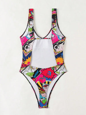 Traje De Baño Enterizo Estilo Pop Art Multicolor Con Espalda Abierta