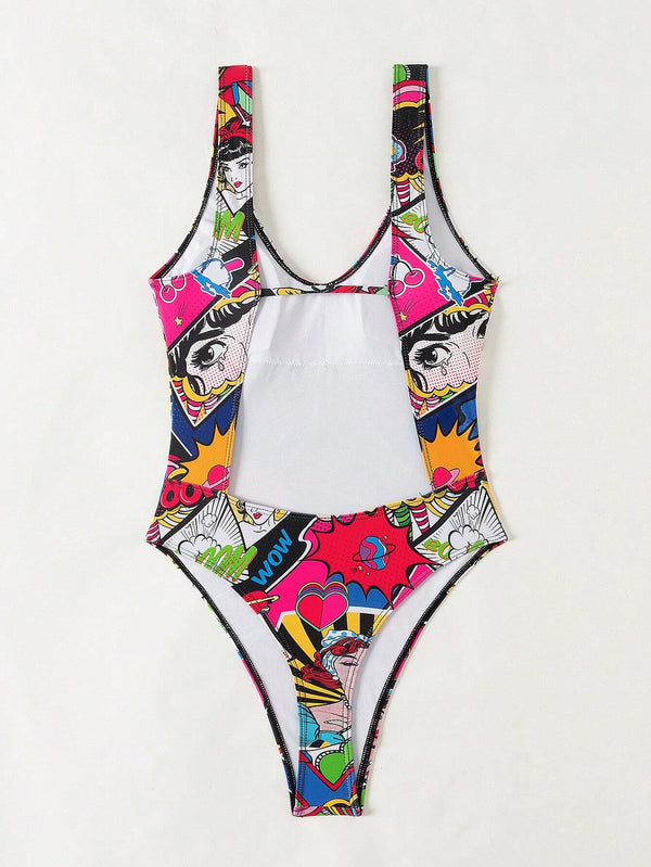 Traje De Baño Enterizo Estilo Pop Art Multicolor Con Espalda Abierta