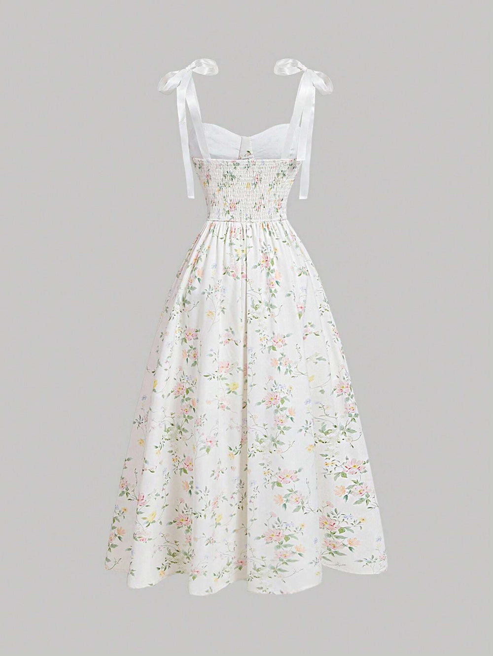 Vestido midi floral bohemio con tirantes vista frontal