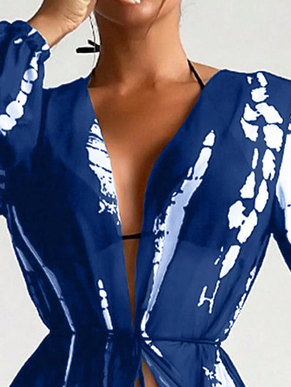 Kimono Largo Tie-Dye Azul Neblina con Cinturón y Lazo Frontal