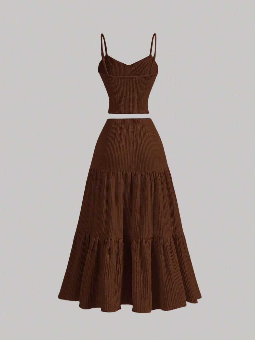 Conjunto Café Top Y Falda Larga Vista Completa Frontal.