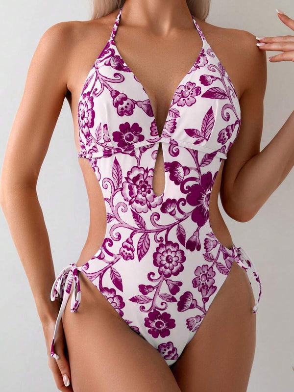 Traje De Baño Floral Con Escote Halter Y Aberturas