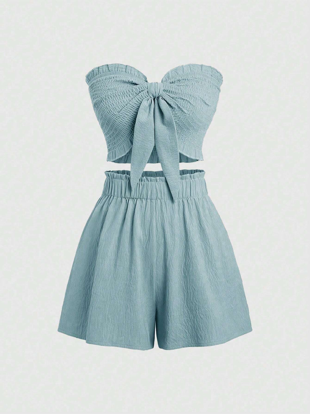 Set bohemio azul de top sin tirantes y shorts para mujer vista frontal