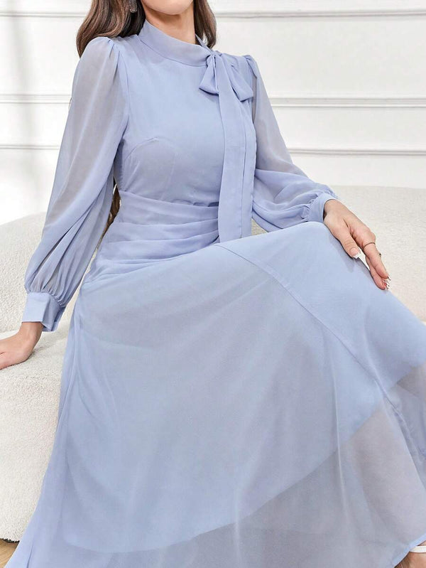 Vestido Elegante Con Lazo En El Cuello Color Celeste